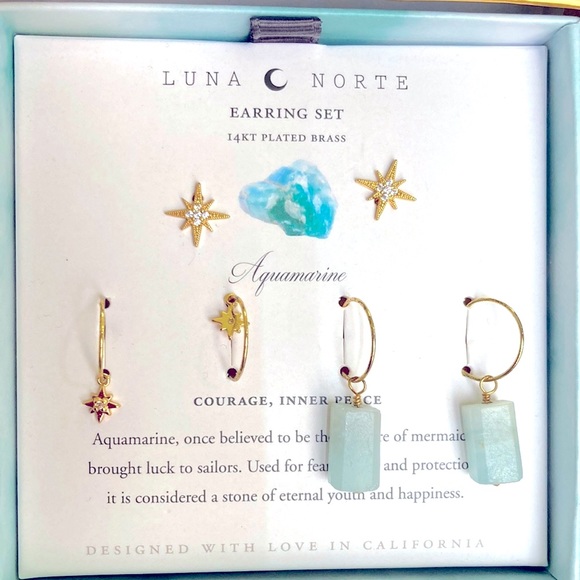 New Luna Norte Aquamarine & Quartz 14KT Plated Brass 3 Piece Earring set - Picture 3 of 4